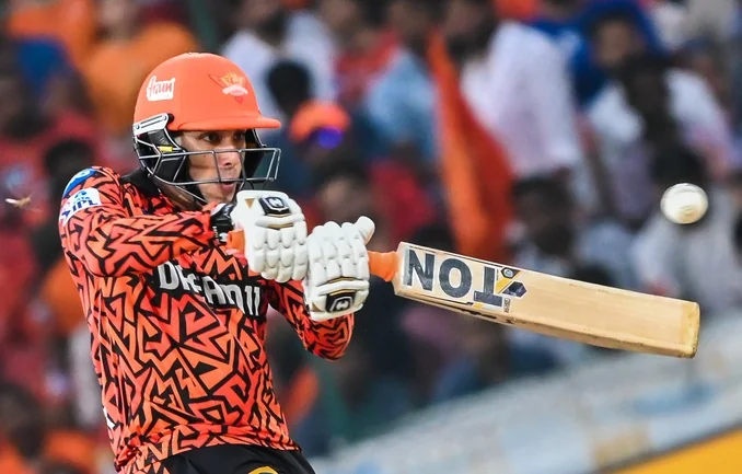 Abhishek Sharma of Sunrisers Hyderabad plays a shot against Kolkata Knight Riders.