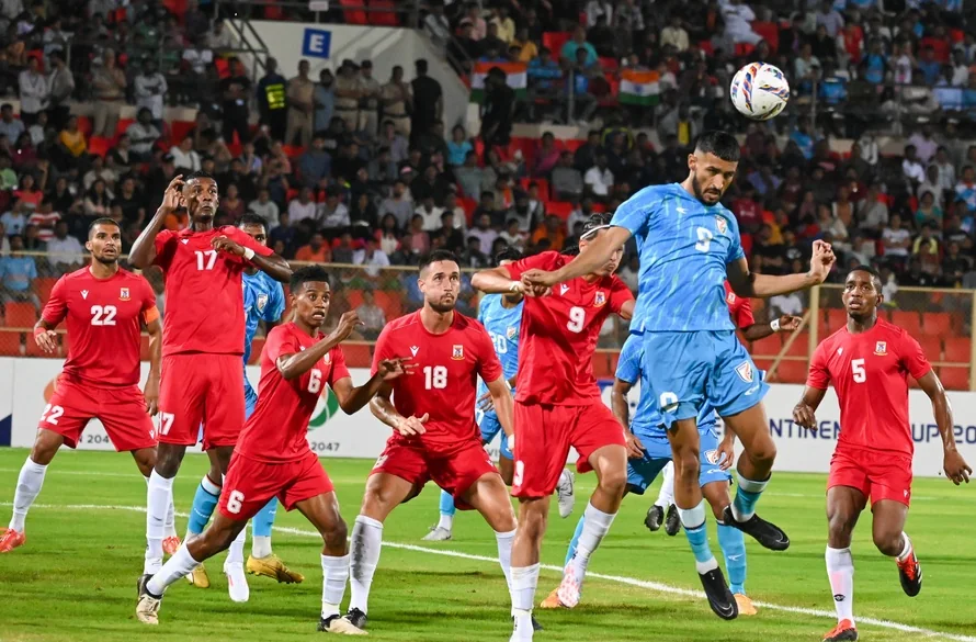 India’s Manvir Singh contests a header against Mauritius at Gachibowli Stadium.